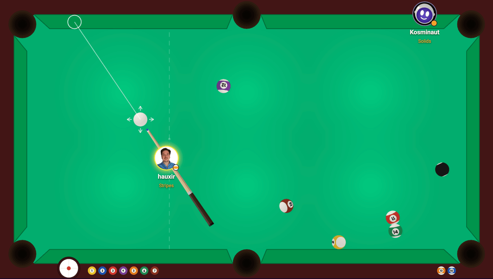 An 8 ball pool game on Kosmi: a player lining up a shot against the Kosminaut AI, with the aim guide, spin control and pocketed balls on screen