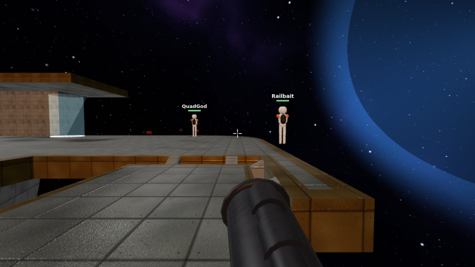 Blast Arena on Kosmi: a first-person view down a rocket launcher at two players, QuadGod and Railbait, on The Longest Yard, a platform level floating in space beside a blue planet