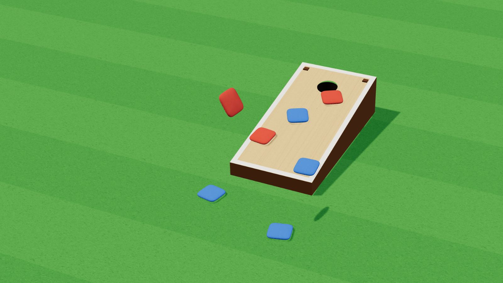 A cornhole court on Kosmi: red and blue bags on a slanted wooden board, one at the lip of the hole and one still in the air, with the bags that came up short lying on the mown lawn
