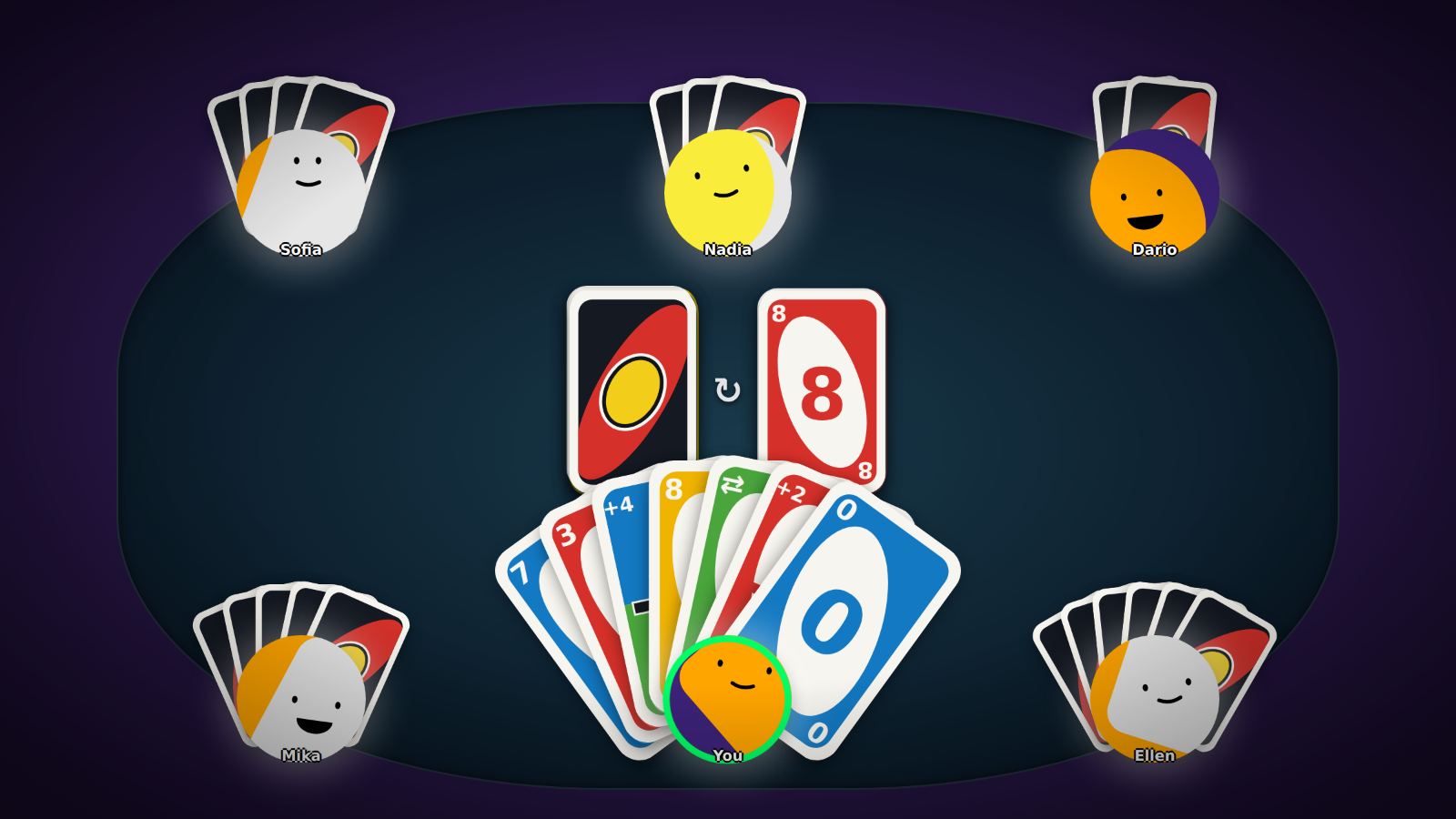 Crazy Eights on Kosmi: a hand of coloured cards fanned across the bottom of the table, the draw deck and a red 8 on the discard pile, and six players seated round it