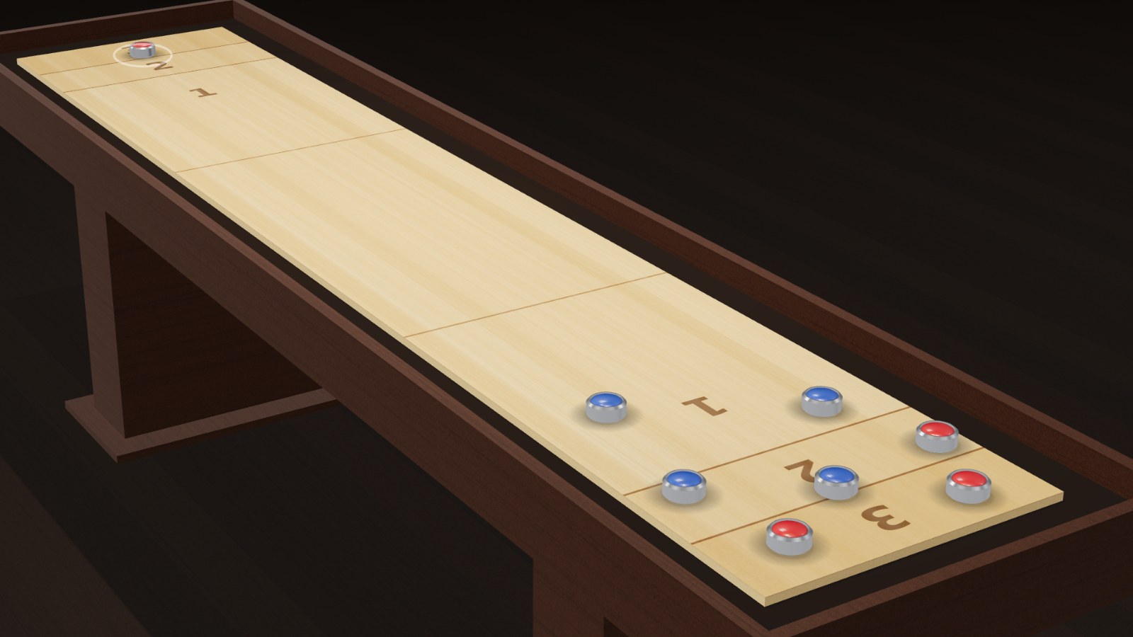 A table shuffleboard match on Kosmi: red and blue weights sitting across the 1, 2 and 3 zones at the end of a maple board, with the next weight waiting at the far end